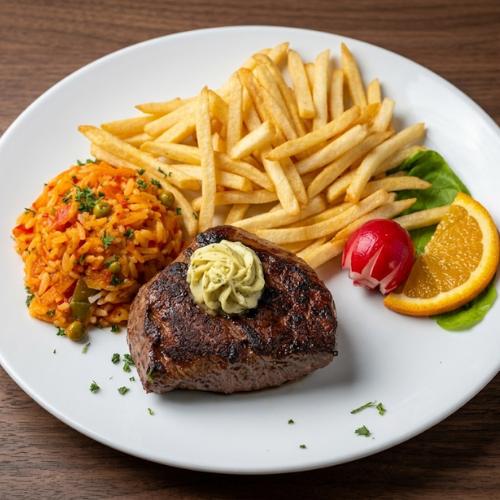 152 | Filetsteak mit Kräuterbutter


dazu Pommes frites und Djuvecreis
